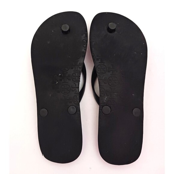 Tory Burch Emory Thong Flips Flops Blk/White Silver Logo 1/2" Straps Sz 8 - Picture 7 of 9